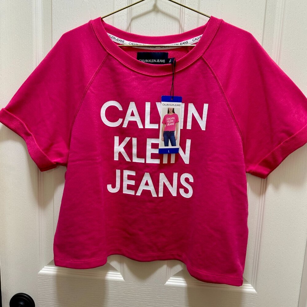 Calvin Klein Jeans Women's French Terry Logo Crop Top Size L Pink Activewear NEW